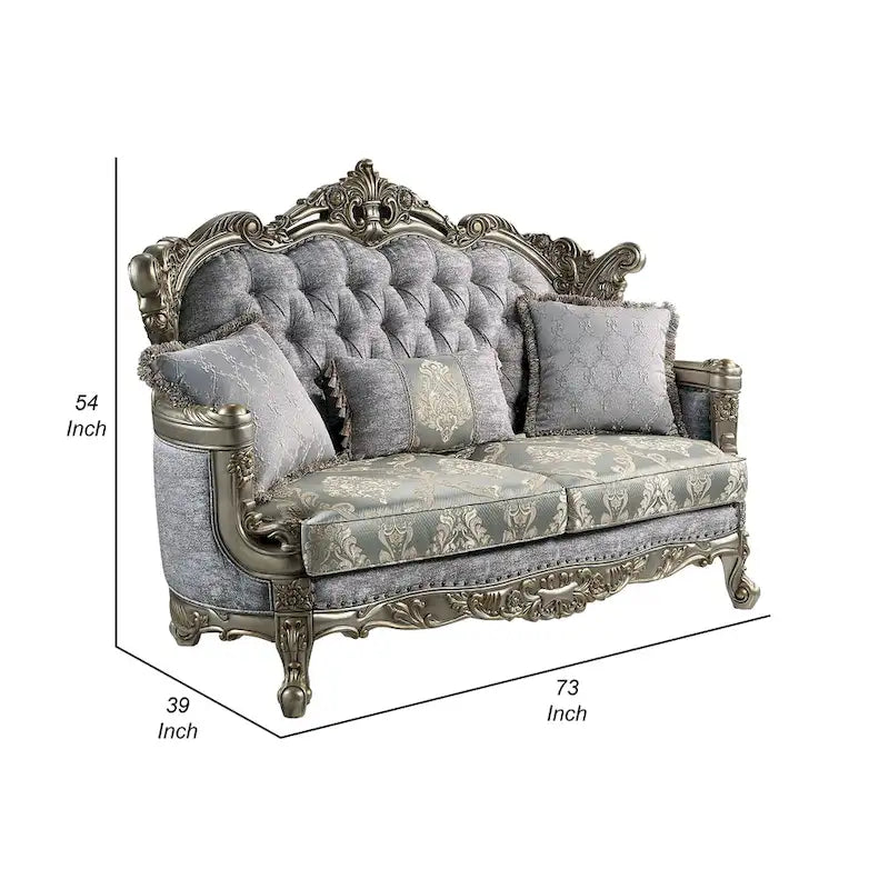 Causeuse Traditionnelle Capitonnée avec Tissu Jacquard Floral et Cadre en Bois Sculpté Bronze Antique