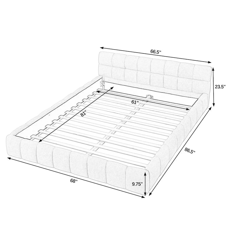 Lit plateforme bas en chenille capitonnée avec tête de lit tuftée