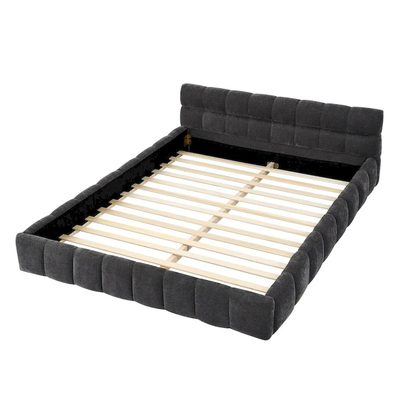 Lit plateforme bas en chenille capitonnée avec tête de lit tuftée