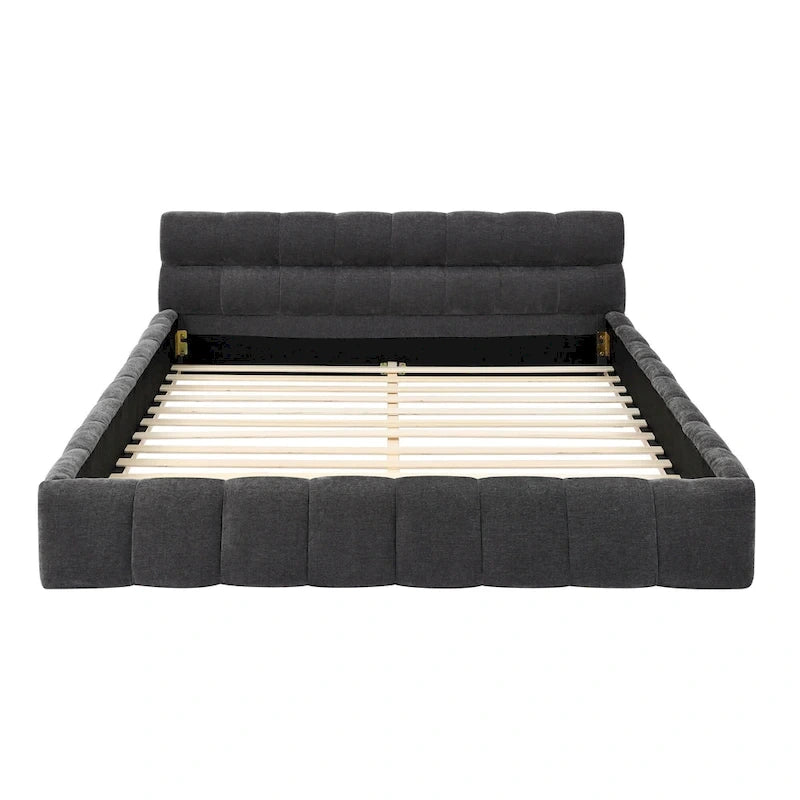 Lit plateforme bas en chenille capitonnée avec tête de lit tuftée