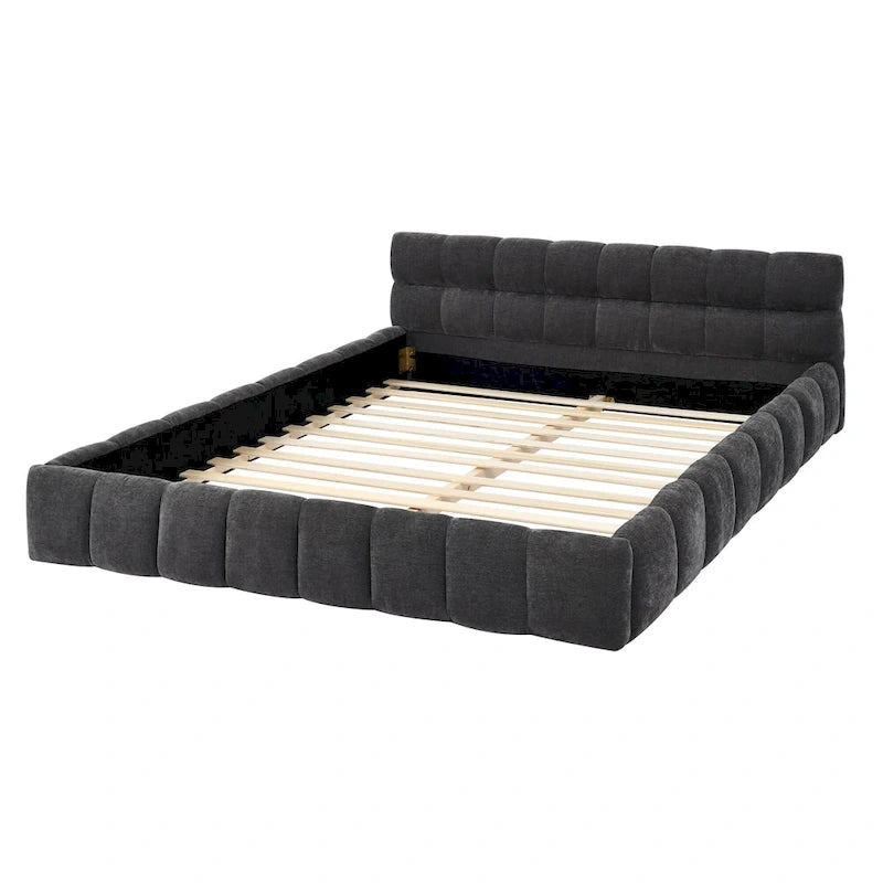 Lit plateforme bas en chenille capitonnée avec tête de lit tuftée