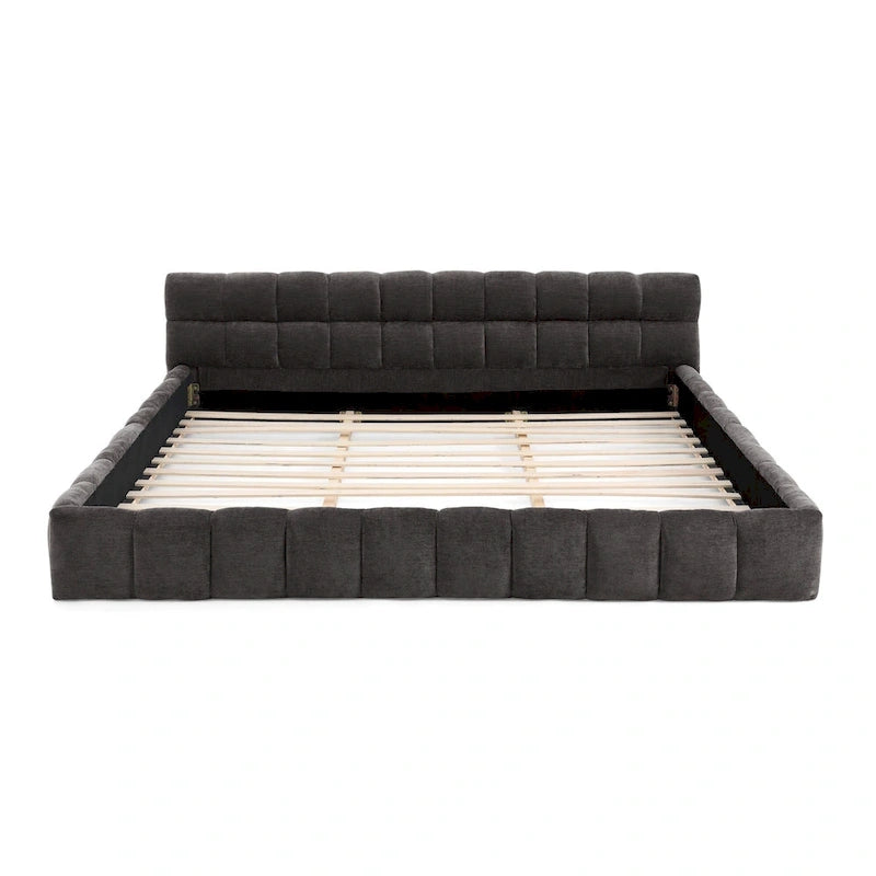 Lit plateforme bas en chenille capitonnée avec tête de lit tuftée