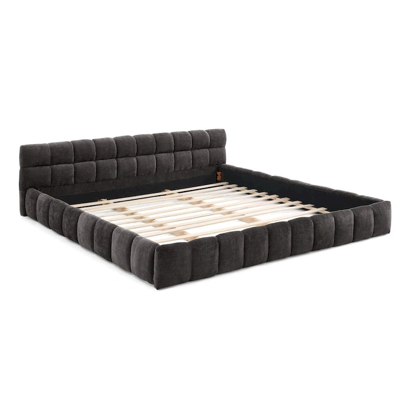 Lit plateforme bas en chenille capitonnée avec tête de lit tuftée