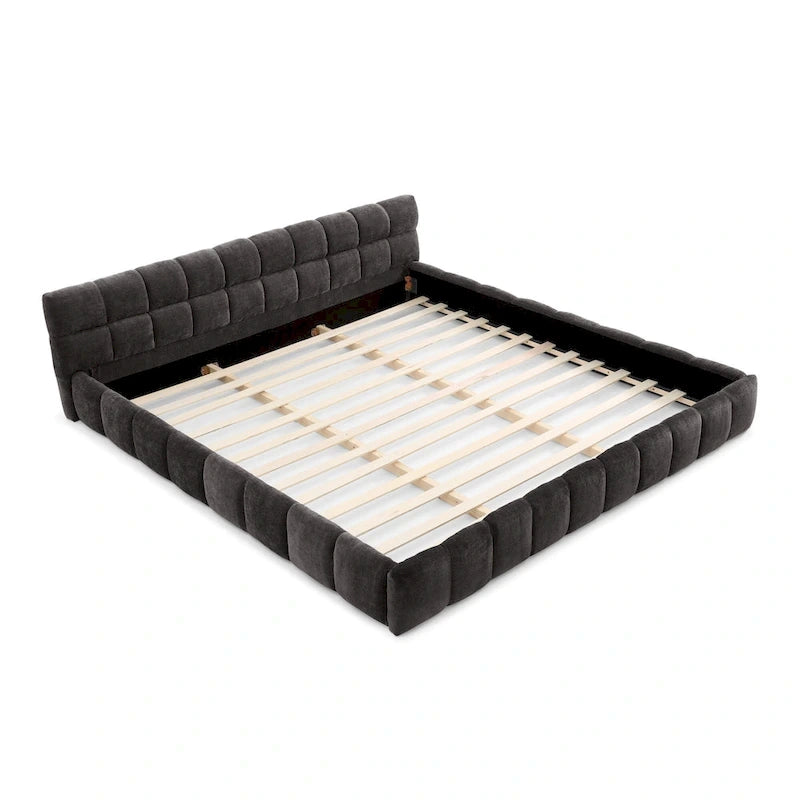 Lit plateforme bas en chenille capitonnée avec tête de lit tuftée