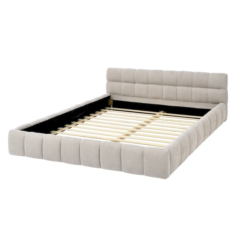 Lit plateforme bas en chenille capitonnée avec tête de lit tuftée