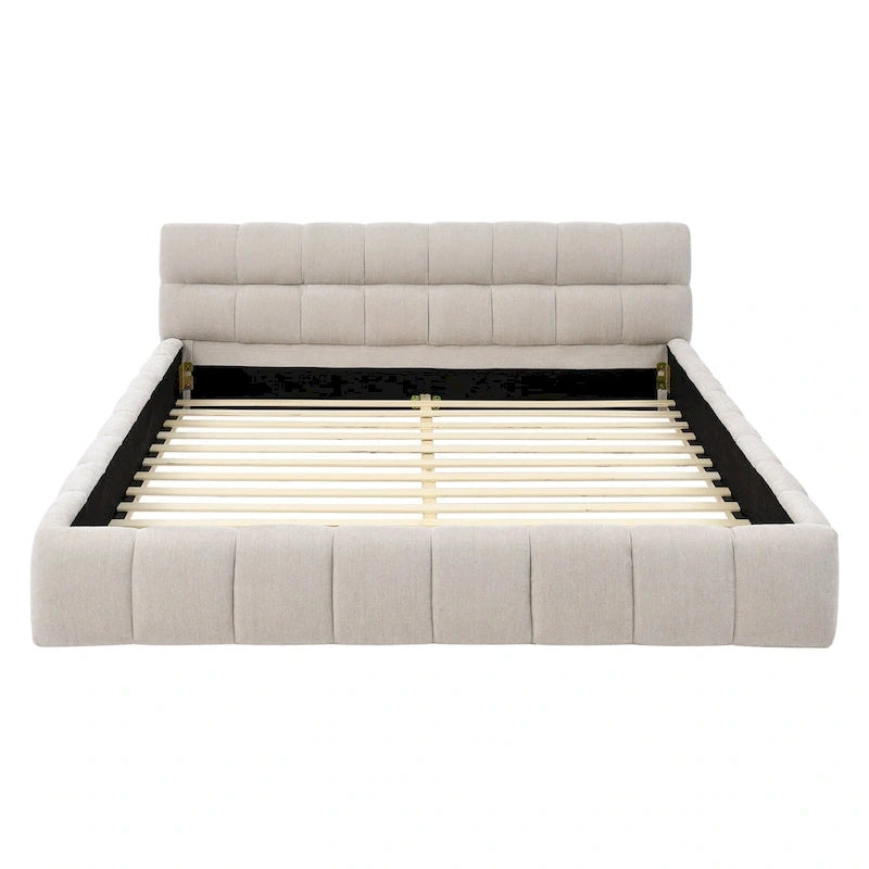 Lit plateforme bas en chenille capitonnée avec tête de lit tuftée