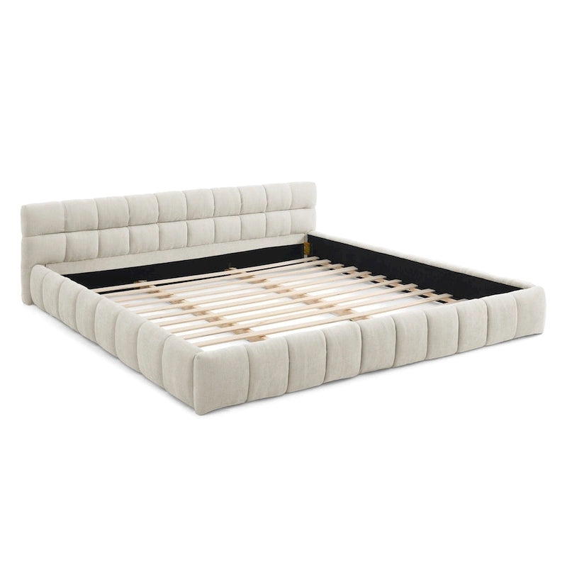 Lit plateforme bas en chenille capitonnée avec tête de lit tuftée