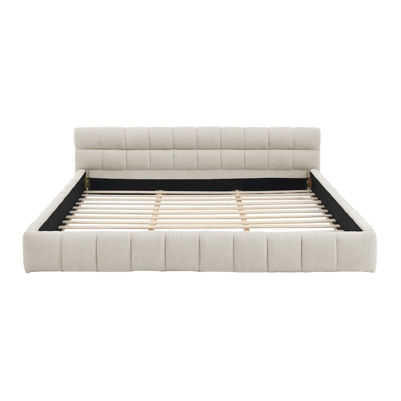 Lit plateforme bas en chenille capitonnée avec tête de lit tuftée
