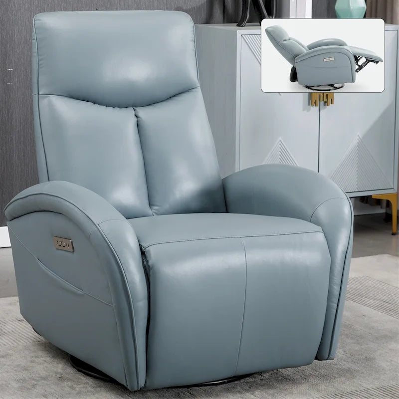 Fauteuil inclinable, pivotant, planant, avec alimentation électrique, en cuir véritable bleu acier, avec chargement USB