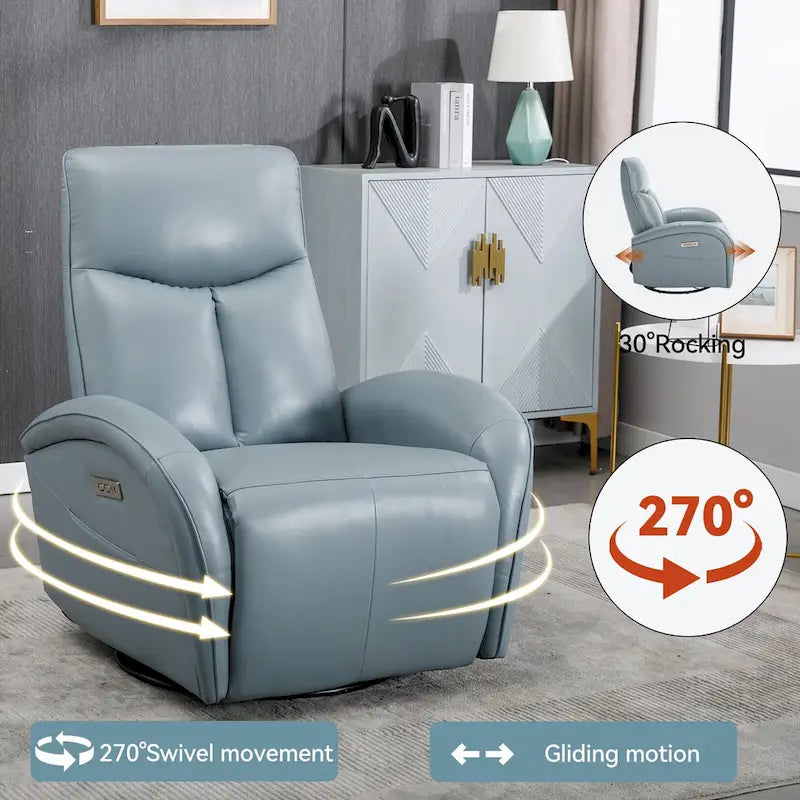 Fauteuil inclinable, pivotant, planant, avec alimentation électrique, en cuir véritable bleu acier, avec chargement USB