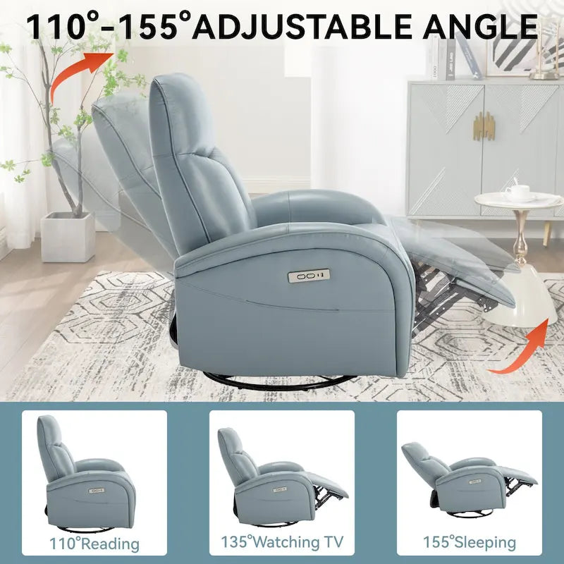 Fauteuil inclinable, pivotant, planant, avec alimentation électrique, en cuir véritable bleu acier, avec chargement USB