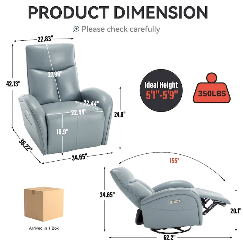 Fauteuil inclinable, pivotant, planant, avec alimentation électrique, en cuir véritable bleu acier, avec chargement USB