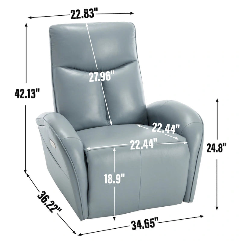 Fauteuil inclinable, pivotant, planant, avec alimentation électrique, en cuir véritable bleu acier, avec chargement USB