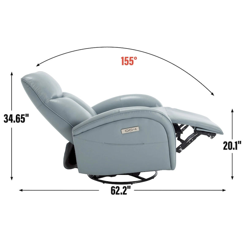 Fauteuil inclinable, pivotant, planant, avec alimentation électrique, en cuir véritable bleu acier, avec chargement USB