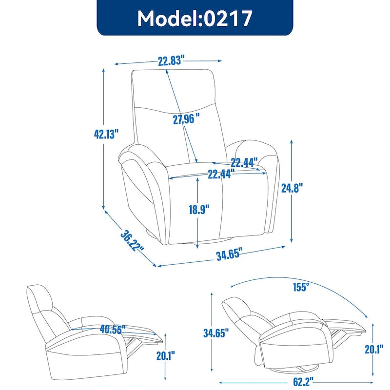 Fauteuil inclinable, pivotant, planant, avec alimentation électrique, en cuir véritable bleu acier, avec chargement USB