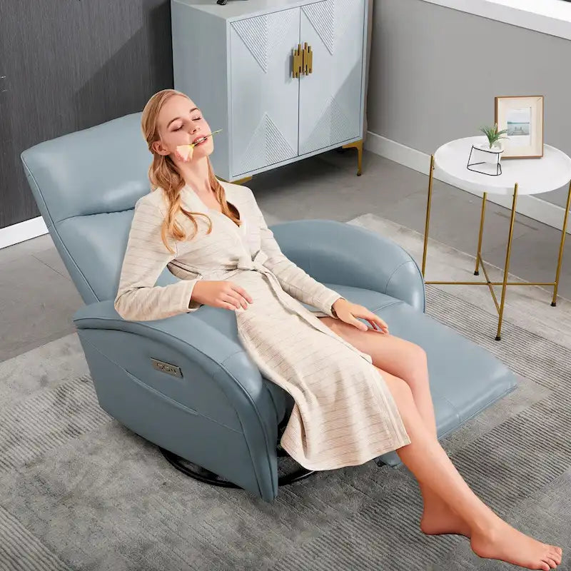 Fauteuil inclinable, pivotant, planant, avec alimentation électrique, en cuir véritable bleu acier, avec chargement USB