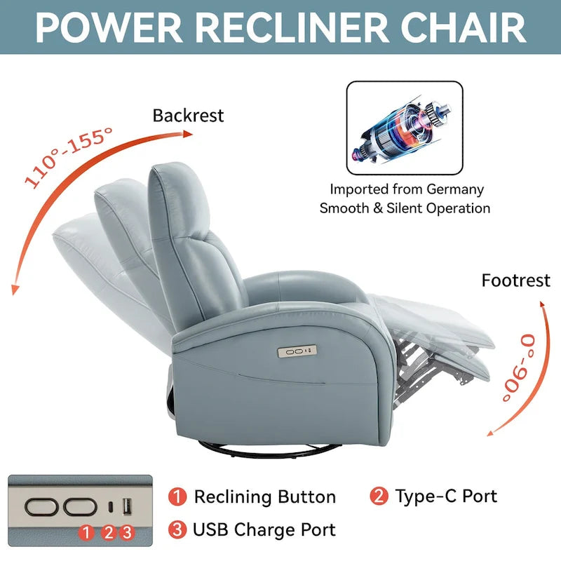 Fauteuil inclinable, pivotant, planant, avec alimentation électrique, en cuir véritable bleu acier, avec chargement USB
