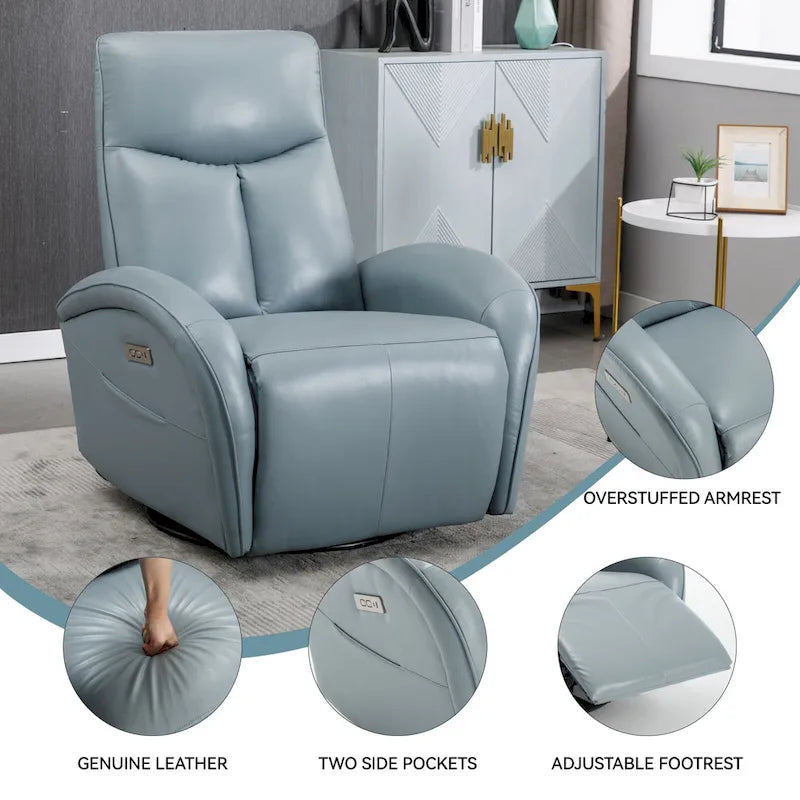 Fauteuil inclinable, pivotant, planant, avec alimentation électrique, en cuir véritable bleu acier, avec chargement USB