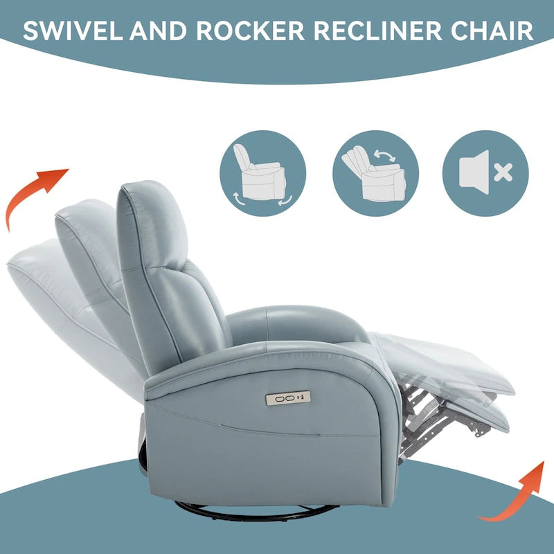 Fauteuil inclinable, pivotant, planant, avec alimentation électrique, en cuir véritable bleu acier, avec chargement USB