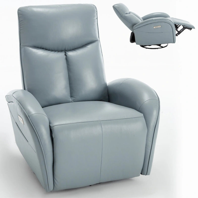 Fauteuil inclinable, pivotant, planant, avec alimentation électrique, en cuir véritable bleu acier, avec chargement USB