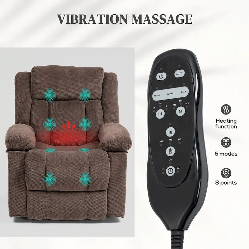 Fauteuil releveur inclinable avec massage et chauffage, tissu velours, marron