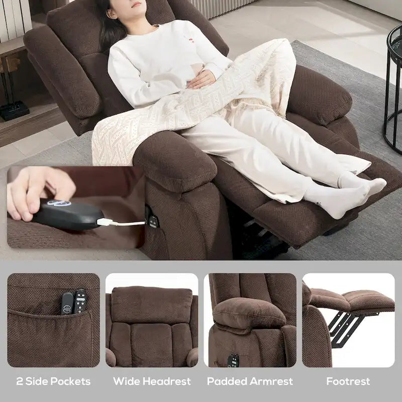 Fauteuil releveur inclinable avec massage et chauffage, tissu velours, marron