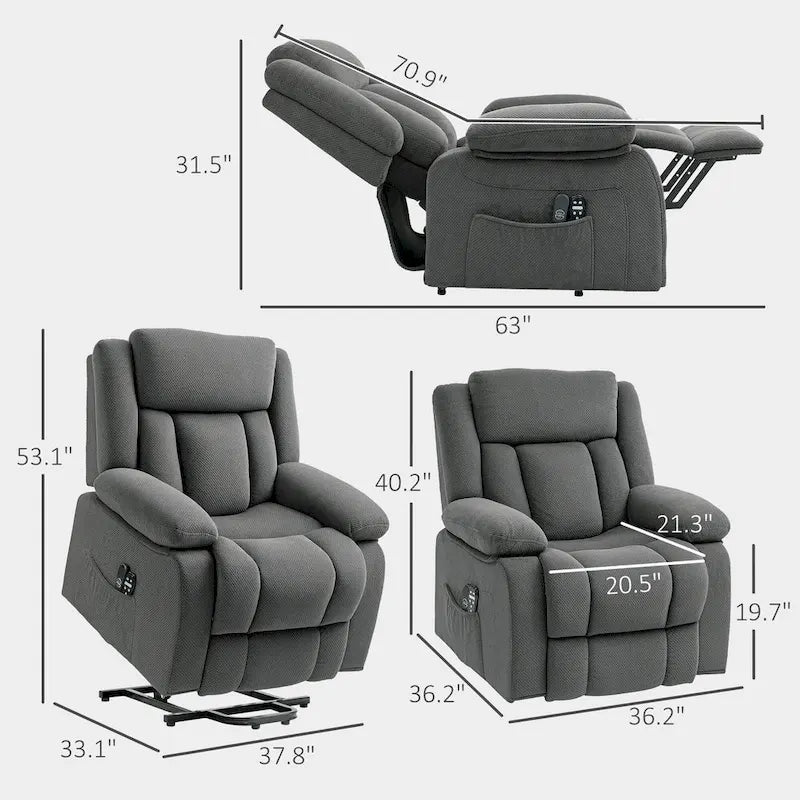 Fauteuil releveur inclinable avec massage et chauffage, tissu velours, marron