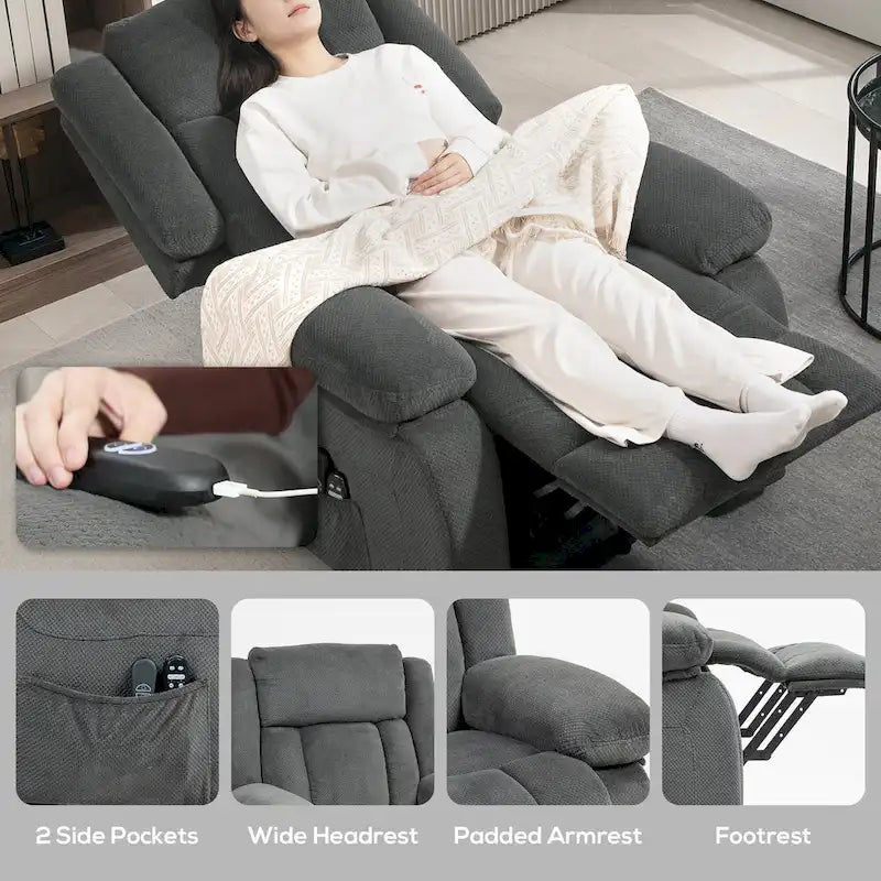 Fauteuil releveur inclinable avec massage et chauffage, tissu velours, marron
