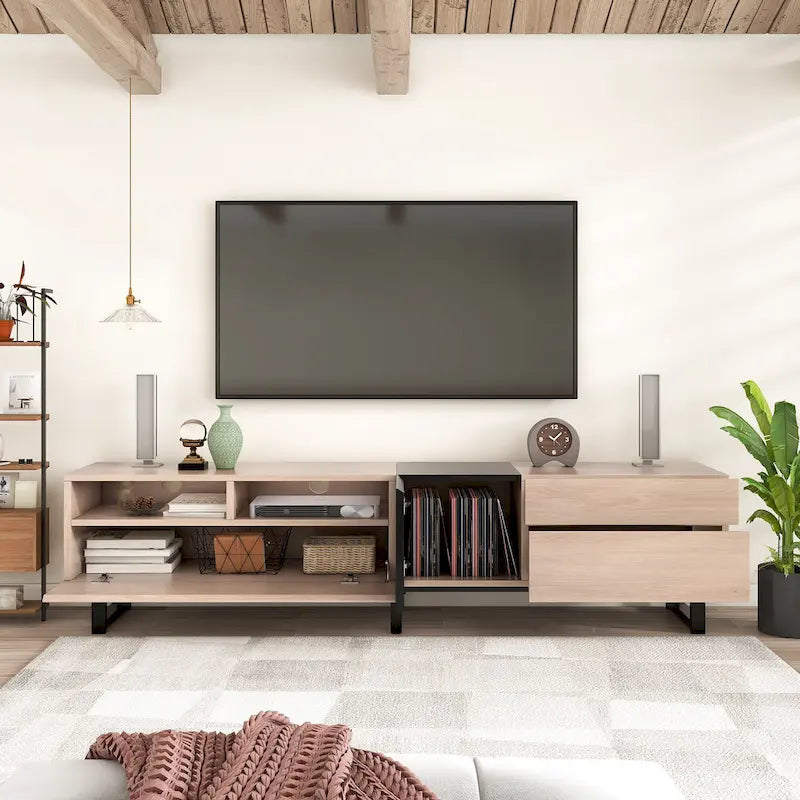 Meuble TV blanc moderne avec portes abattantes et étagères réglables