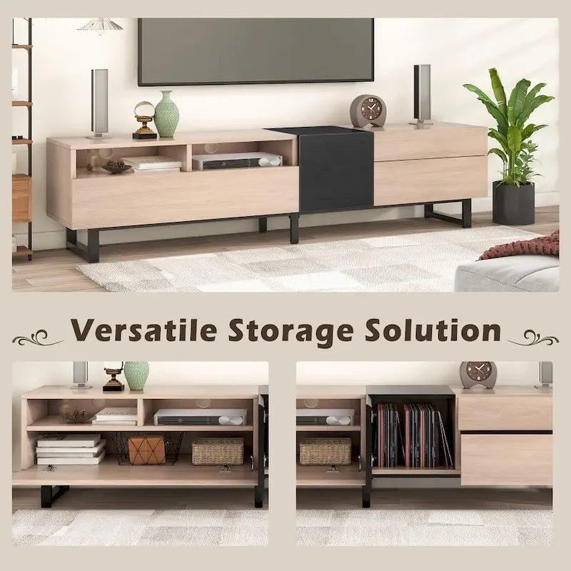 Meuble TV blanc moderne avec portes abattantes et étagères réglables