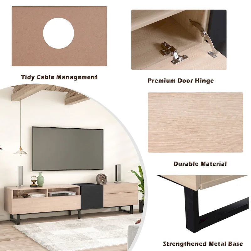 Meuble TV blanc moderne avec portes abattantes et étagères réglables