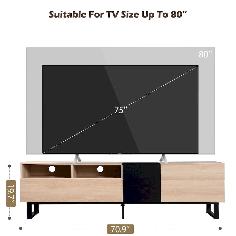 Meuble TV blanc moderne avec portes abattantes et étagères réglables