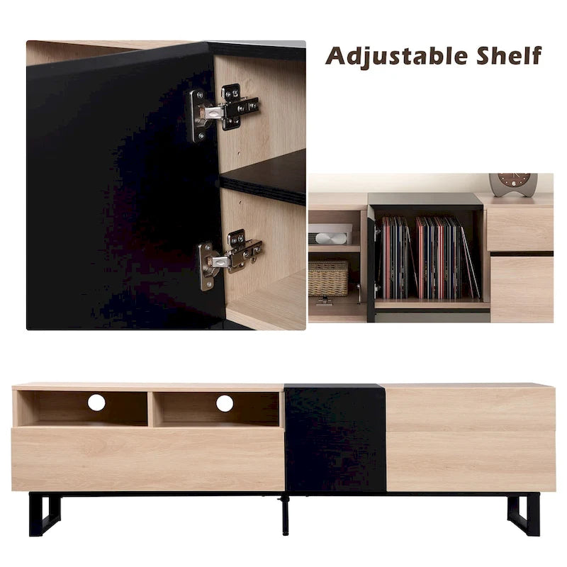 Meuble TV blanc moderne avec portes abattantes et étagères réglables