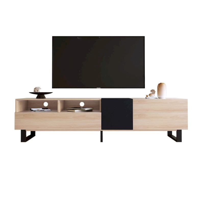 Meuble TV blanc moderne avec portes abattantes et étagères réglables