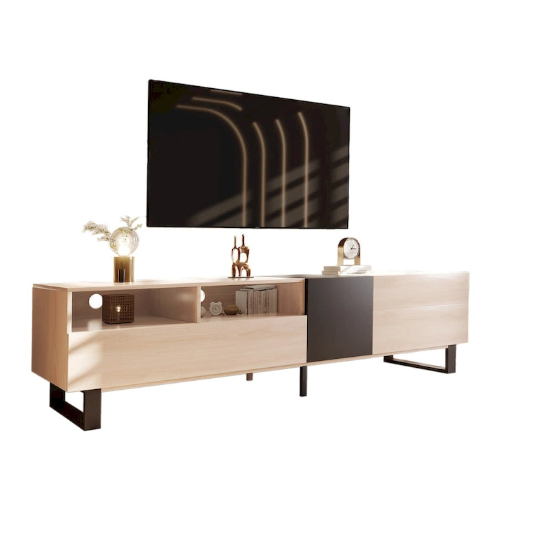 Meuble TV blanc moderne avec portes abattantes et étagères réglables