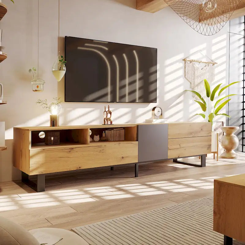 Meuble TV blanc moderne avec portes abattantes et étagères réglables