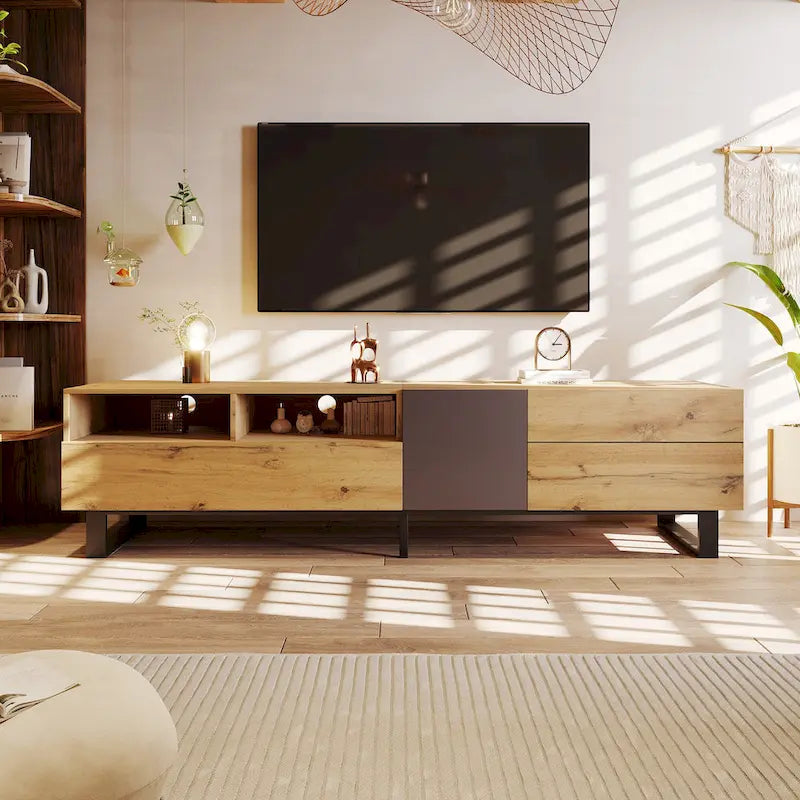 Meuble TV blanc moderne avec portes abattantes et étagères réglables