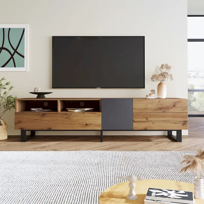 Meuble TV blanc moderne avec portes abattantes et étagères réglables