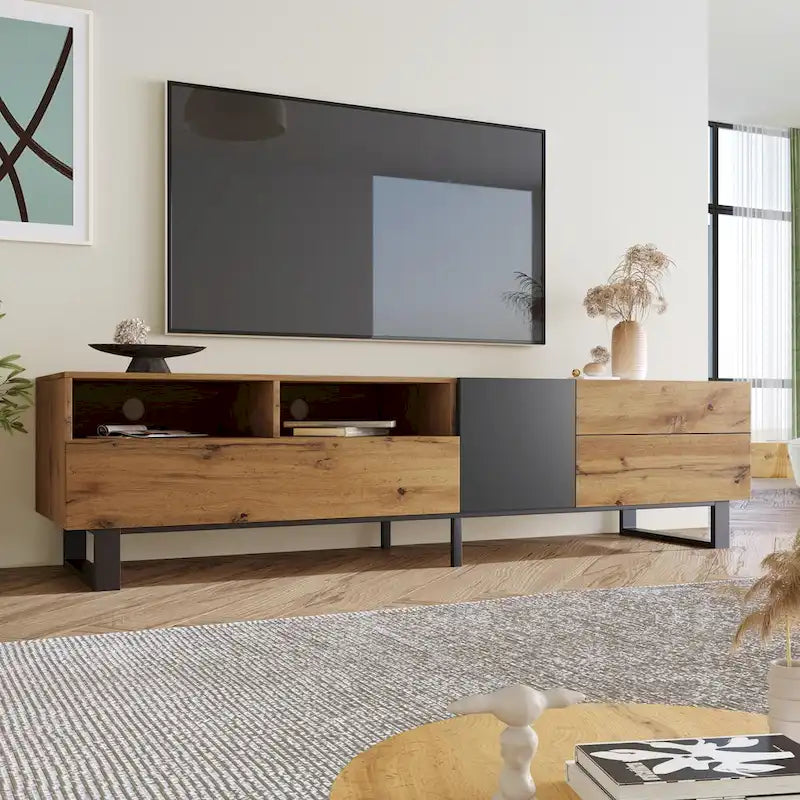 Meuble TV blanc moderne avec portes abattantes et étagères réglables