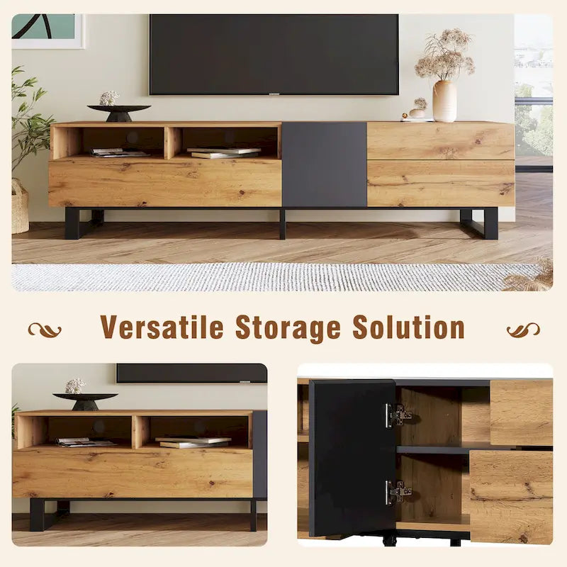Meuble TV blanc moderne avec portes abattantes et étagères réglables