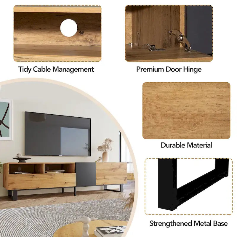 Meuble TV blanc moderne avec portes abattantes et étagères réglables