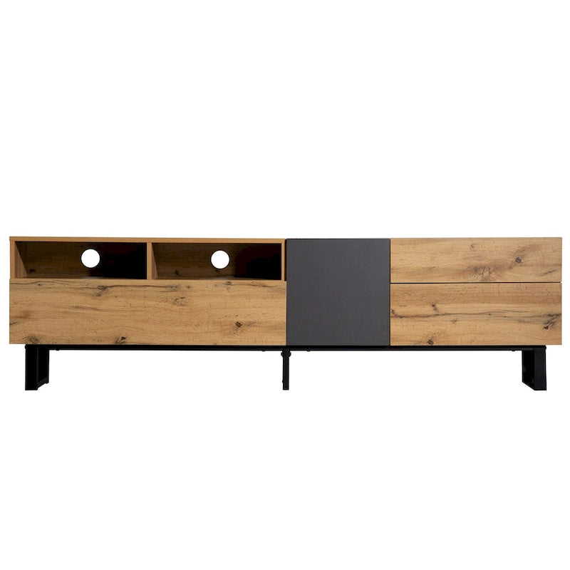 Meuble TV blanc moderne avec portes abattantes et étagères réglables