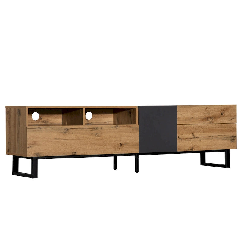 Meuble TV blanc moderne avec portes abattantes et étagères réglables