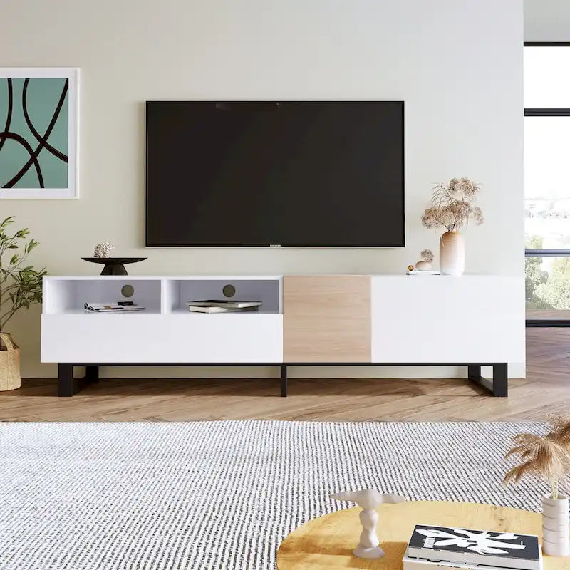 Meuble TV blanc moderne avec portes abattantes et étagères réglables