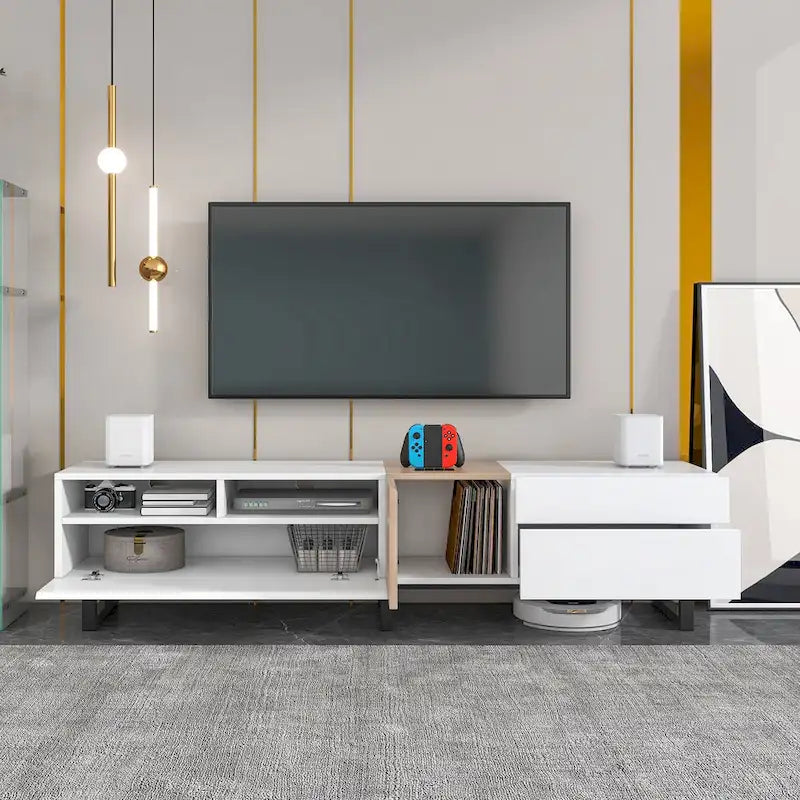 Meuble TV blanc moderne avec portes abattantes et étagères réglables