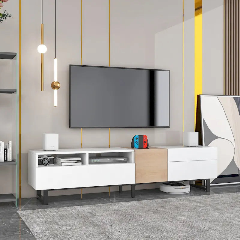 Meuble TV blanc moderne avec portes abattantes et étagères réglables