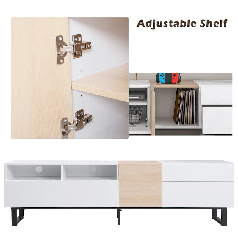 Meuble TV blanc moderne avec portes abattantes et étagères réglables