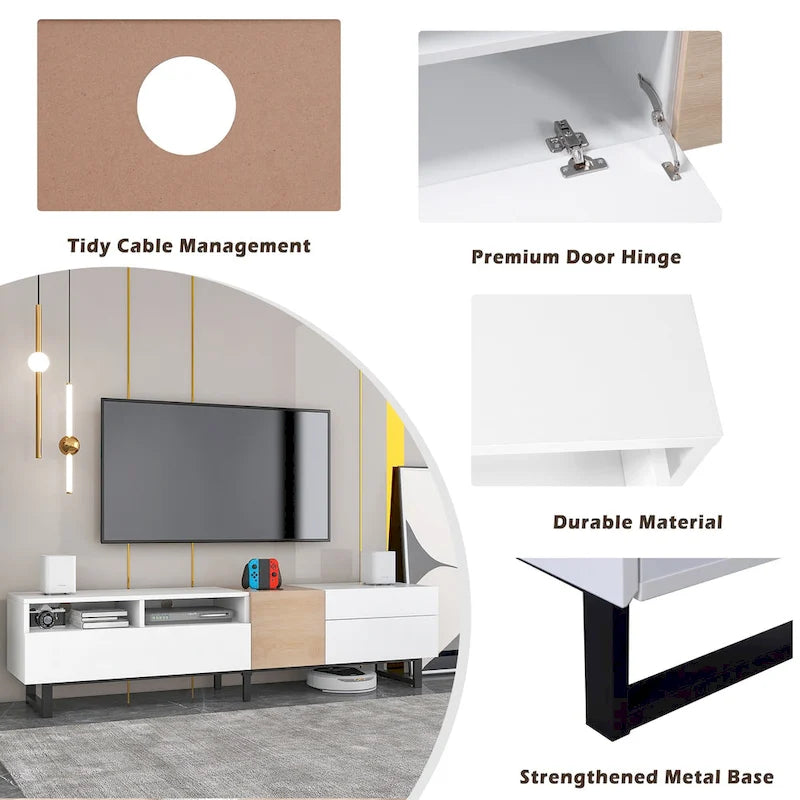 Meuble TV blanc moderne avec portes abattantes et étagères réglables