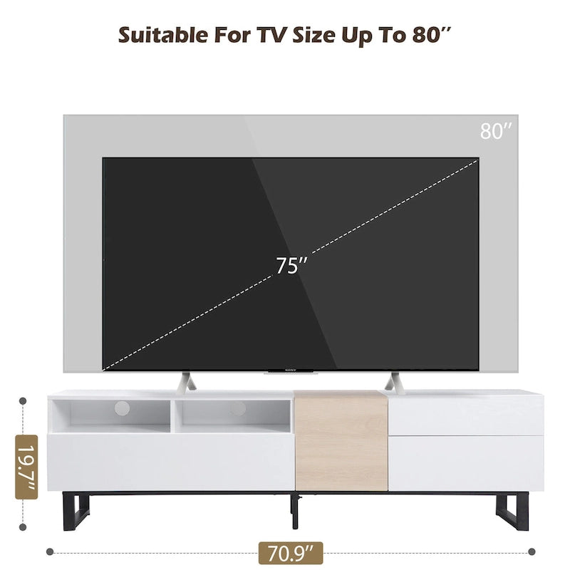 Meuble TV blanc moderne avec portes abattantes et étagères réglables