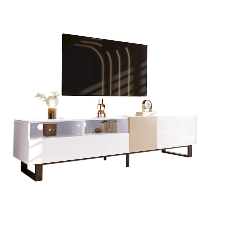 Meuble TV blanc moderne avec portes abattantes et étagères réglables